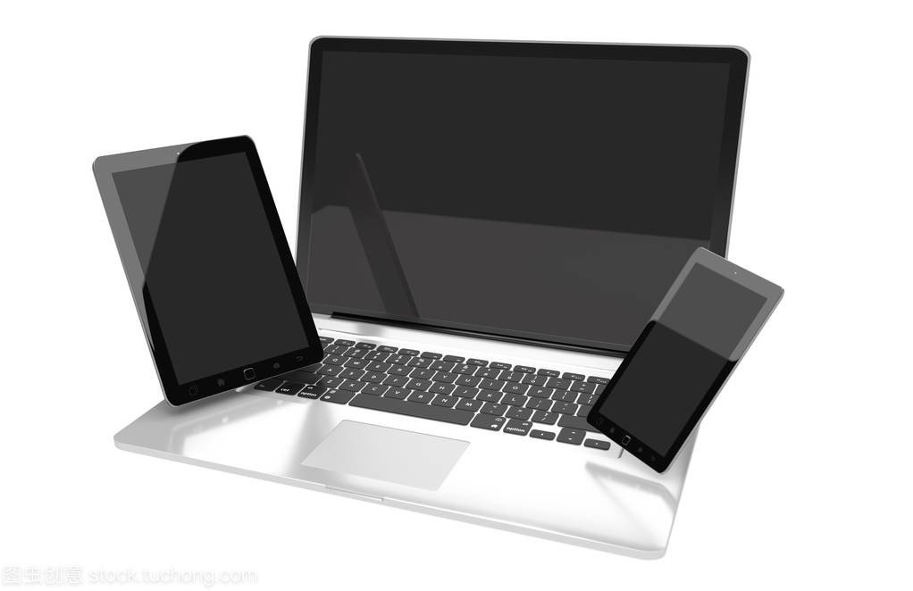 筆記本電腦、移動手機(jī)與平板電腦的互聯(lián)科技 3D渲染視角